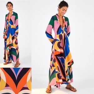 Farm Rio Graphic Hearts Multicolored Maxi Dress Plunge V-Neck Women’s
